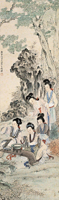 Wang Shuhui(王叔晖) ,   仕女图. 王叔晖(1912—1985)浙江绍兴人，生于天津，定居北京。她十五岁入中国画学研究会，先后师从吴镜汀、徐燕荪、吴光宇等名家习画。她天资聪慧，勤苦好学，画风尤受仇英、陈老莲的影响，可谓青出于蓝而胜于蓝。人物造型含蓄中略加夸张，线描健劲有力，落墨洁净，设色明艳清雅，一扫明清以来的颓废画风，开一代新气象。王叔晖学古不泥古，用她的话讲就是：“绕开道，走自己的路”。同时，她也没有拒绝西方的绘画经验，合理的吸收了比例、解剖、透视等创作技巧。尤其在整体价值取向上，她追