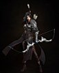 This may contain: a woman dressed in armor and holding a bow with two arrows on her shoulder, standing against a black background