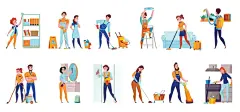 做家务插图  - 源文件下载【酷图网】做家务插图,手绘,手绘人物,做家务,拖地,男人,书柜,女人,家庭主妇,吸尘器,扁平风,扁平化人物,矢量人物,卡通人物,人物,场景人物,扁平插画,人物插画素材,扁平化场景,AI,插画,矢量,卡通