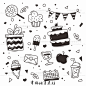 黑白色卡通手绘简笔画生日蛋糕旗帜棒棒糖奶茶甜筒插画AI设计素材-淘宝网