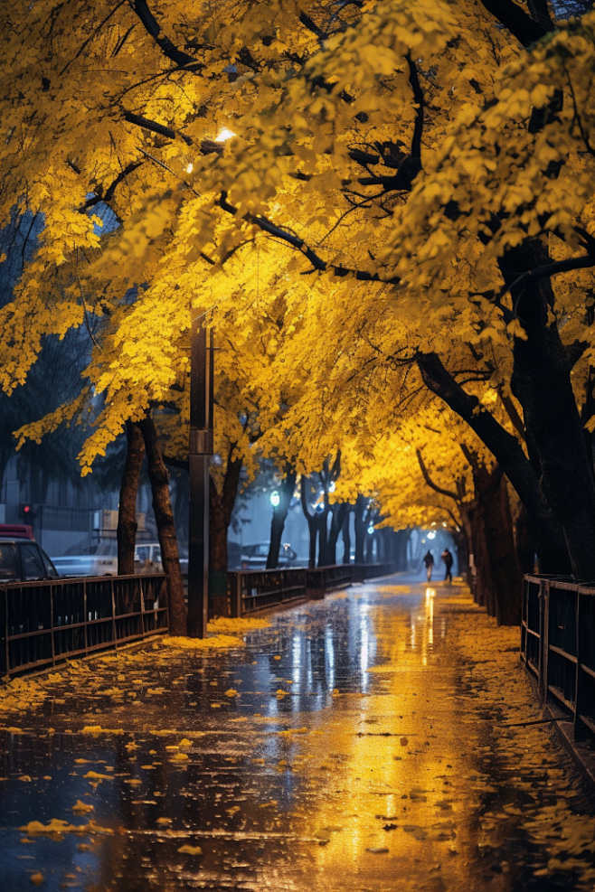 秋天的夜晚枫叶枫树景色摄影图片