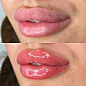 This may contain: two pictures of lips with white powder on them and one showing the same lip color