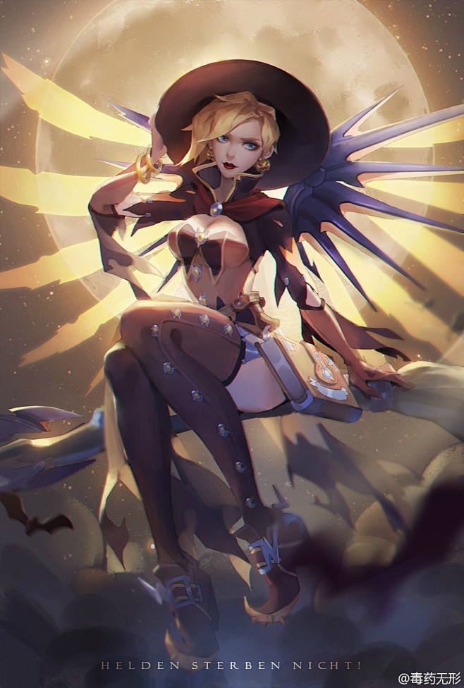 守望先锋同人天使万圣节女巫皮肤插画cg卡牌绘画