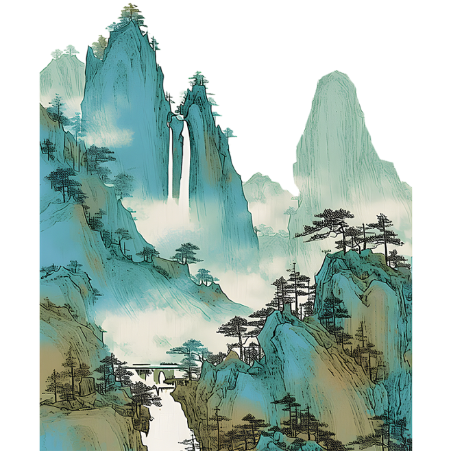 中国风通用青绿色工笔画山水元素素材_19...