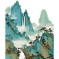中国风通用青绿色工笔画山水元素素材_193451823