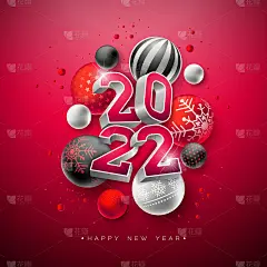 2022年新年快乐插图三维数字和装饰玻璃球在红色背景。向量圣诞节假日季节设计传单，贺卡，旗帜，庆祝海