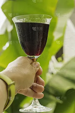 一个女人手里拿着一杯葡萄酒，在一个南方度假胜地，背景是一棵香蕉树