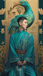 the poster for the chinese movie,'罗弋', in the style of reimagined religious art, light gold and teal, full body, magical, androgynous, embroidery, dignified poses, hotboy