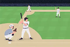 图源免费EPS文件 |Baseball match flat color vector illustration. Competition between two teams. Proffessional baseball team players 2D cartoon characters with huge stadium full of people on background