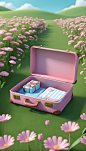A-open-empty-pink-suitcase-on-the-wide-grass-surrounded-by-flowers--in-front-view--high-view--the-suitcase-is-empty-inside--with-sky-blue-background--in-the-cartoon-style--rendered-in-C4D--as-a-3D-sce (1)
