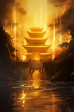 古风古韵金线城市建筑插画