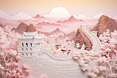设计国潮长城地标剪纸风插画