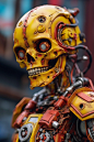 the model of a huge red and yellow figure, in the style of lunarpunk, hand-painted details, focus stacking, salvagepunk, close up, skull motifs, rough clusters