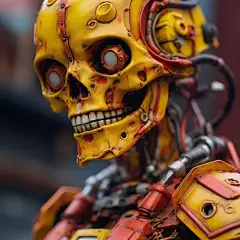 the model of a huge red and yellow figure, in the style of lunarpunk, hand-painted details, focus stacking, salvagepunk, close up, skull motifs, rough clusters