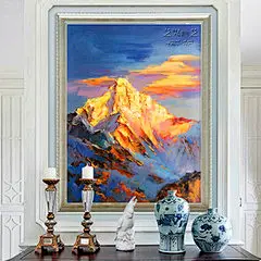 纯手绘现代简约风景油画日照金山玄关装饰画过道走廊挂画竖幅定制