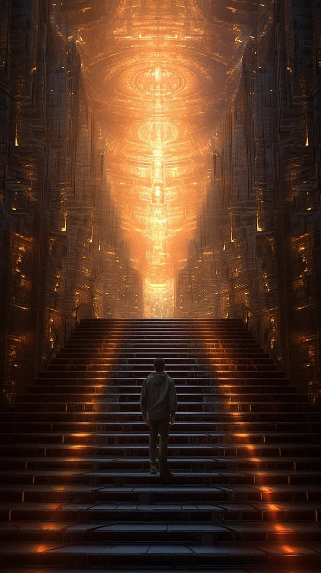 a person on a stairway with a glowing light, in the style of ...