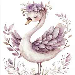 水彩素描手绘带花环的卡通天鹅