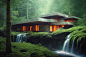 一座未来主义风格的小屋，坐落在茂密的森林中，弗兰克·劳埃德·赖特风格，瀑布，4k
