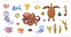 章鱼，海龟，乌贼，乌贼，大鱼，大鱼，水母，珊瑚水彩画大集。手工绘制的海洋生物。白色背景的水下珊瑚水生
