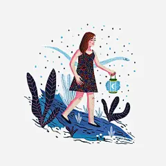 手绘女人夜晚去海边psd免抠素材_新图网 https://ixintu.com 手绘插画 可爱卡片 创意设计