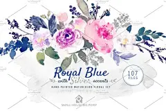 蓝色唯美水彩粉色花朵树叶花簇婚庆请柬产品包装图案PNG免抠设计素材  - PS饭团网psefan.com