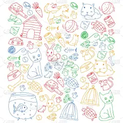 宠物店。向量例证与动物, 狗, 猫, 鱼, 五颜六色的背景与小猫, 鸟, 小狗。兽医诊所.