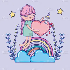 可爱的,动画片,女孩,热情,剑,浪漫,小的,儿童,童年,爱
