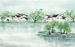江南水乡桃花柳树国画徽式建筑水墨插画海报背景素材