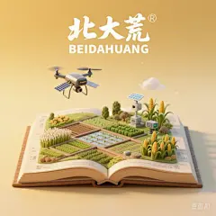 一本打开的古代书籍，书是打开的，书上是智慧农田景观微缩模型，有无人机、卫星遥感、农田、水稻、玉米等农作物，画布上方印有中文“北大荒”和英文“BEIDAHUANG”，整体画面生动，色调温暖明快，充满活力与朝气。整体风格3D渲染，具有梦幻感，使用C4D制作，材质设置上注重光泽感，打光营造出柔和氛围，背景为浅黄色渐变，超清画质，极致细节，电影般构图，杰作