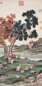清 冷枚 童子群戏图<br/>清宫十大画家 冷枚，生卒年不详，约生活于公元十七世纪后期至十八世纪前期，字吉臣，号金门画史，胶州（今属山东）人。曾经跟随康熙时宫廷画家焦秉贞学画，约于康熙中期进入宫廷供职，直至乾隆七年（1472）尚在。擅长画人物、仕女及山水，画风工整、细致，色彩较浓丽，具有装饰性。传世作品有《避暑山庄图》、《九思图》、《麻姑献寿图》、《宫苑仕女图》。