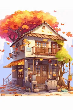 AI数字艺术小卖部落叶手绘建筑秋季插画-众图网