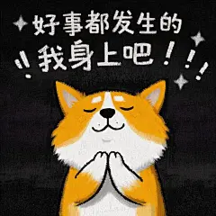 怪诞美学,颗粒全息打印，艺术性，毛茸茸的画面，，顶部写着：“好事都发生的我身上吧！！！”，加粗字字体，一只柯基狗狗，拟人化的，闭着双眼，双手祈祷状态，头像特写插画，光影加重，极简设计，扁平化，怪诞童话，朦胧感加重，景深加重，毛茸茸的，聚焦，超现实插画，毛茸茸的纹理，大师作品，杰作，8k