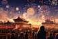 黑夜绚丽新年元旦烟花盛典人群插画