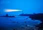 Illuminated Pigeon Point Lighthouse at night, Pescadero, California, USA