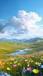 a blue sky covered in flowers next to green grass and a lake, in the style of photorealistic fantasies, soft color fields, daz3d, rural china, light aquamarine and yellow, pastoral landscapes, pastoral landscape