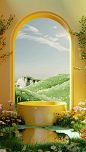 a yellow tub surrounded by flowers, grass and a view, in the style of rendered in cinema4d, arched doorways, light emerald, soft, dreamy landscapes, aesthetic, monochromatic palette, utopian vision