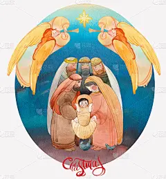 圣诞水彩插画的诞生场景:新生的耶稣基督，受祝福的圣母玛利亚，约瑟夫和天使。圣诞基督教的问候，明信片和
