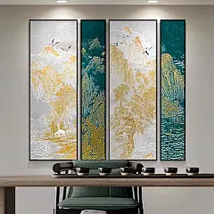 新中式客厅沙发背景墙装饰画书房茶室壁画山水画办公室挂画四联画-tmall.com天猫