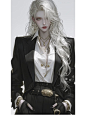This may contain: a woman with long white hair wearing a black suit and gold jewelry on her neck