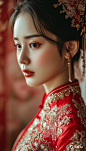 9x16_画面主体为一位身着红色婚纱的女子半身特写_妆容精美_面容姣好_眼_6