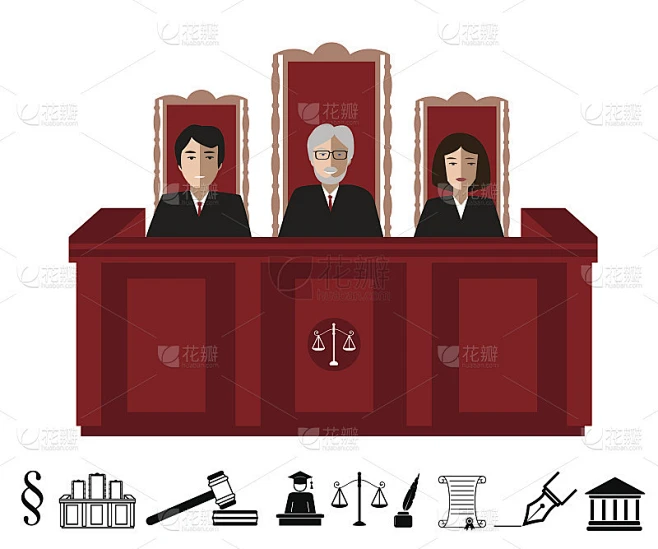 法院的三位法官。公正矢量插图与图标。素材-花瓣网