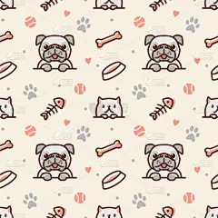 巴哥犬,猫,动物骨,北梭鱼,爪印,可爱的,纺织品,球座,壁纸,狗