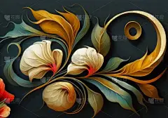 摘要。花卉、树叶、青草、水彩画、桂冠、植物、时髦的现代艺术墙