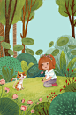 森女系童话小动物小女孩小猫故事场景绘画插画手绘分层PSD素材：