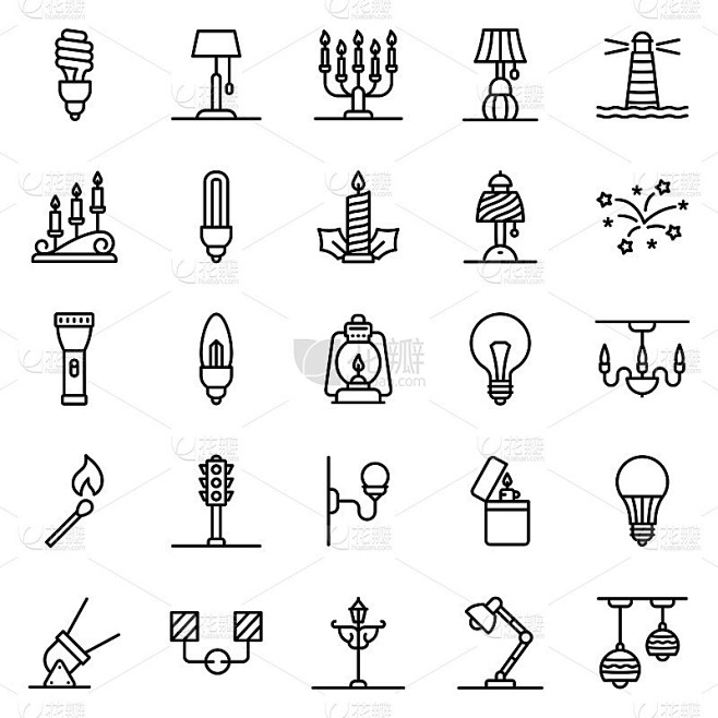光图标集合矢量插图。能源，灯泡，灯，电，灯，灯饰，细线图标。