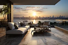 a panoramic sea view from the balcony of a condo, in the style of northern china's terrain, highly polished surfaces, linear elegance, 32k uhd, glazed surfaces, Modern city window view, light gray and light beige, flowing lines --ar 128:85 --s 750