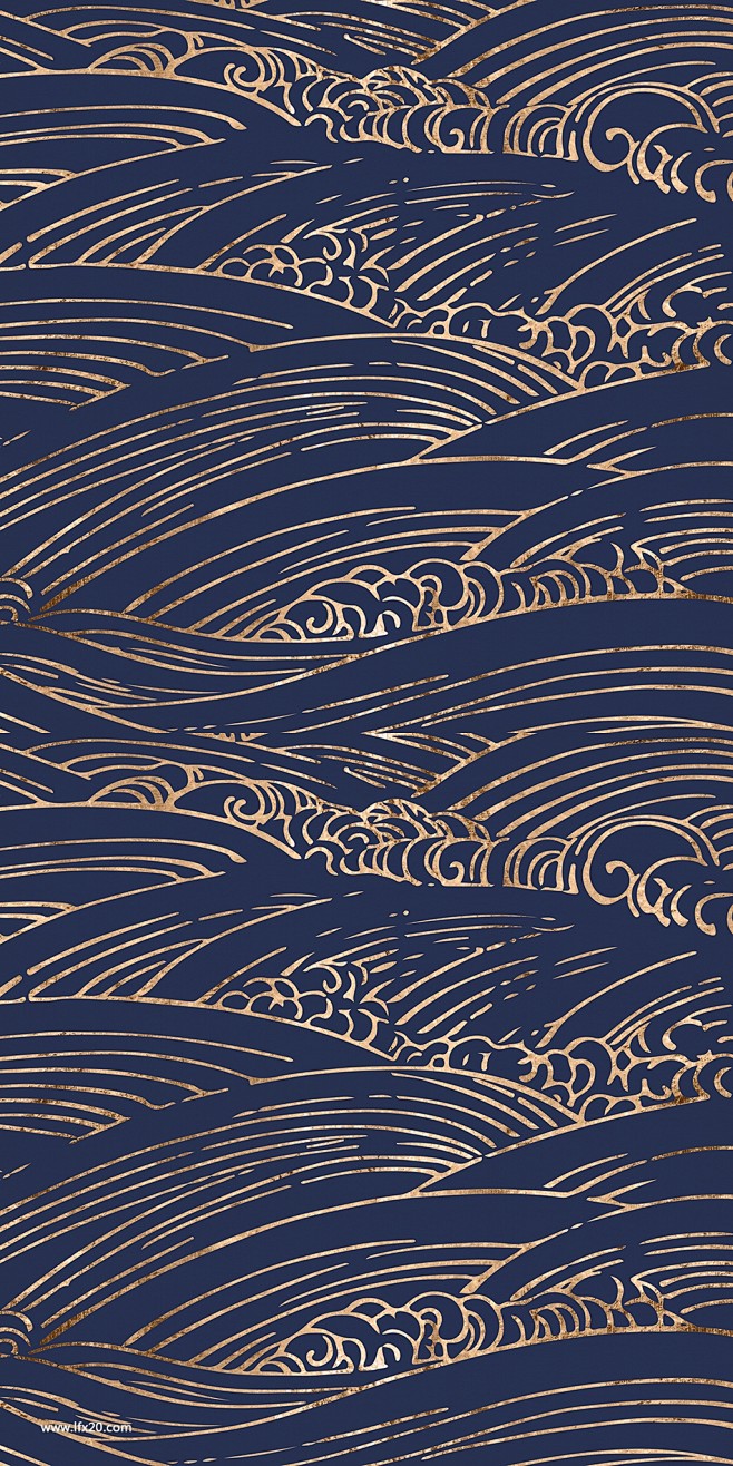 日式金色靛蓝波浪花纹图案纹理 