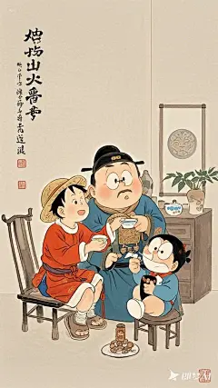 全景,水墨插画,极简主义，胖改的唐代可爱插画，（路飞哥哥给大雄弟弟喂药）现代人物与古风工笔画结合，画风细腻成熟，独特的“大脸”风格，识别度高，人物讨喜又不失韵味，可爱的Q版唐代风俗画，干净纯色背景。