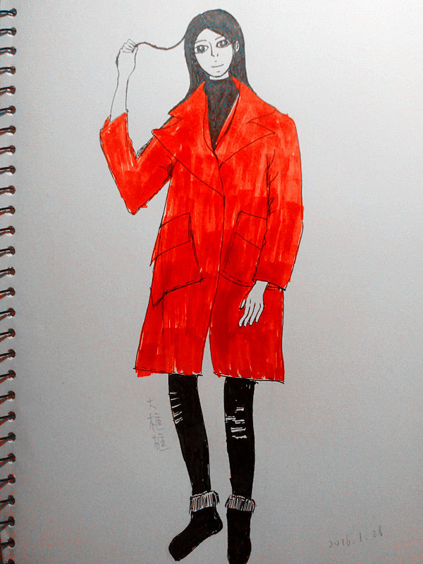 红黑搭配、红色呢子大衣
