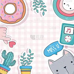 多纳圈,可爱的,音乐,仙人掌,卡通,猫,贺卡,菜园,盆栽植物,组物体